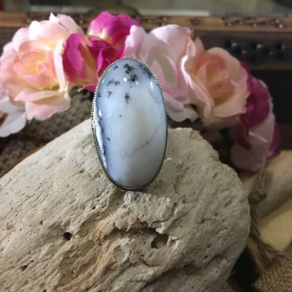 Winter Dendritic Agate Silver Gemstone Statement Ring Size 8 - Picture 1 of 5